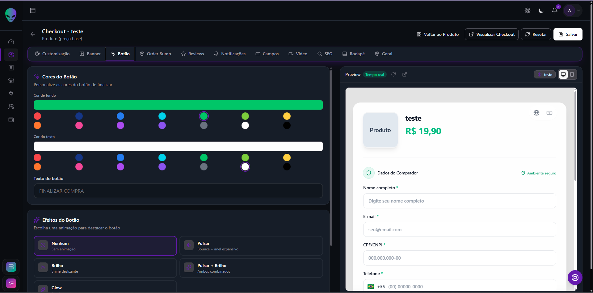 Editor visual de checkout da Aliens Pay