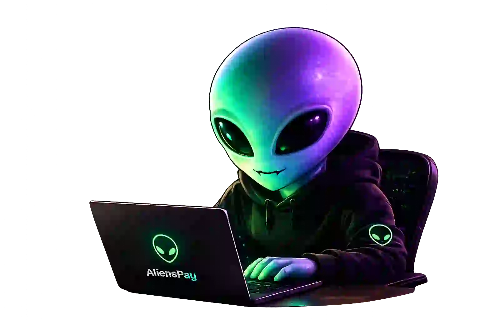 Mascote Aliens Pay, um alienígena neon usando um notebook